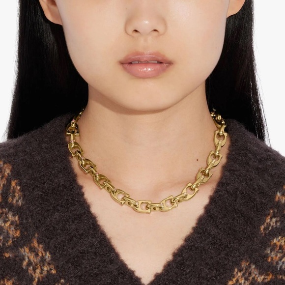 NWT COACH SIGNATURE ‘C’ CHUNKY CHAIN LINK NECKLACE WITH GREEN ALLOTROPE STONES - Picture 9 of 10